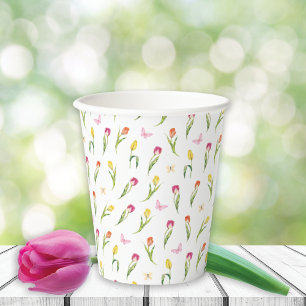 Tulips & Butterflies White Pattern Paper Cups