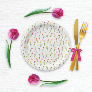 Tulips & Butterflies White Pattern  Paper Plate