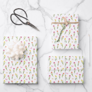 Tulips & Butterflies White Pattern  Wrapping Paper Sheet