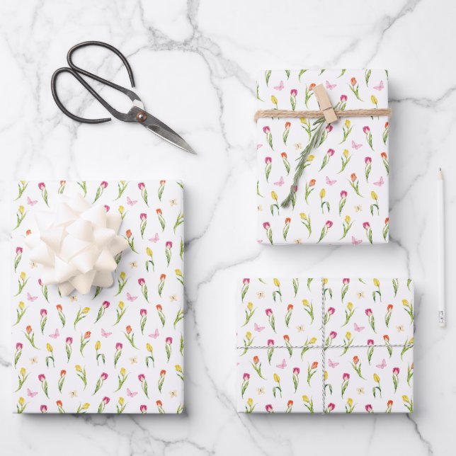Tulips & Butterflies White Pattern  Wrapping Paper Sheet (Front)