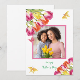 Tulips & Butterflies White Photo Mother’s Day  Card
