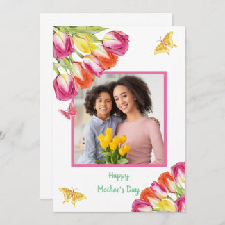 Tulips & Butterflies White Photo Mother’s Day  Card