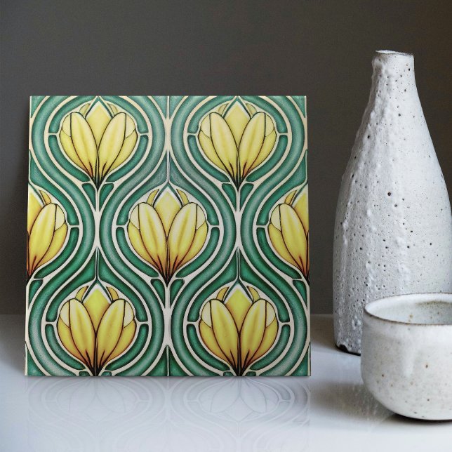 Tulips Citrus Yellow Symmetric Pattern Art Nouveau Ceramic Tile (Creator Uploaded)