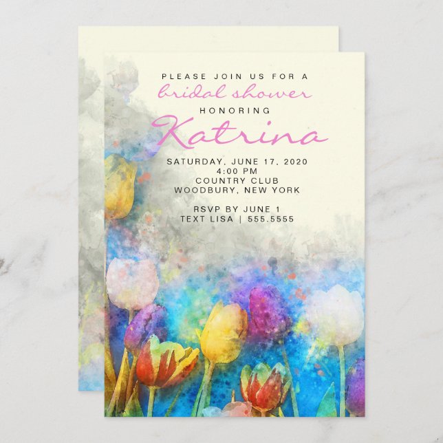 Tulips colourful  Watercolor Floral Bridal Shower Invitation (Front/Back)