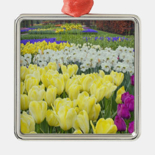 Tulips, daffodils, and Grape Hyacinth flowers, Metal Tree Decoration