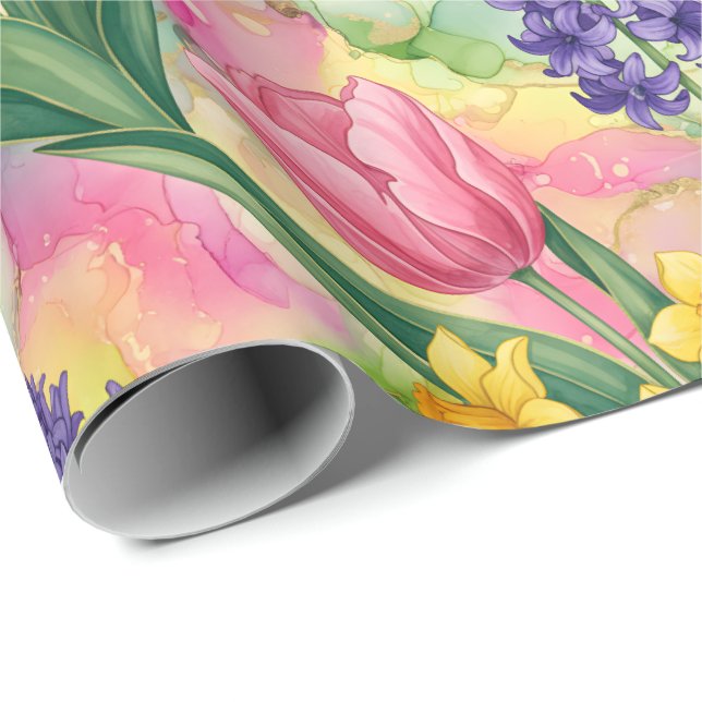 Tulips, Daffodils, Hyacinths in Alcohol Ink Style Wrapping Paper (Roll Corner)