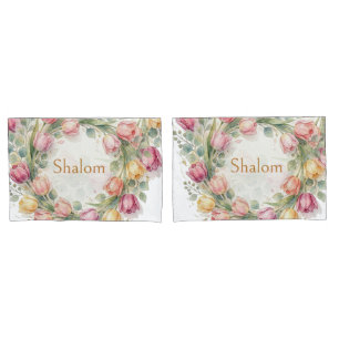 Tulips Eucalyptus Wreath, Shalom Watercolor Gold Pillowcase
