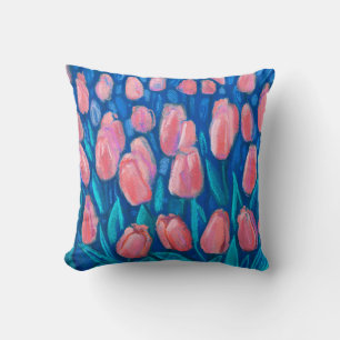 Tulips Field, Spring Flowers Floral Art Red Blue Cushion