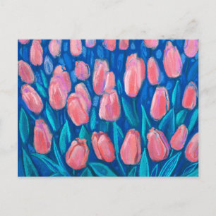 Tulips Field, Spring Flowers Floral Art Red Blue Postcard