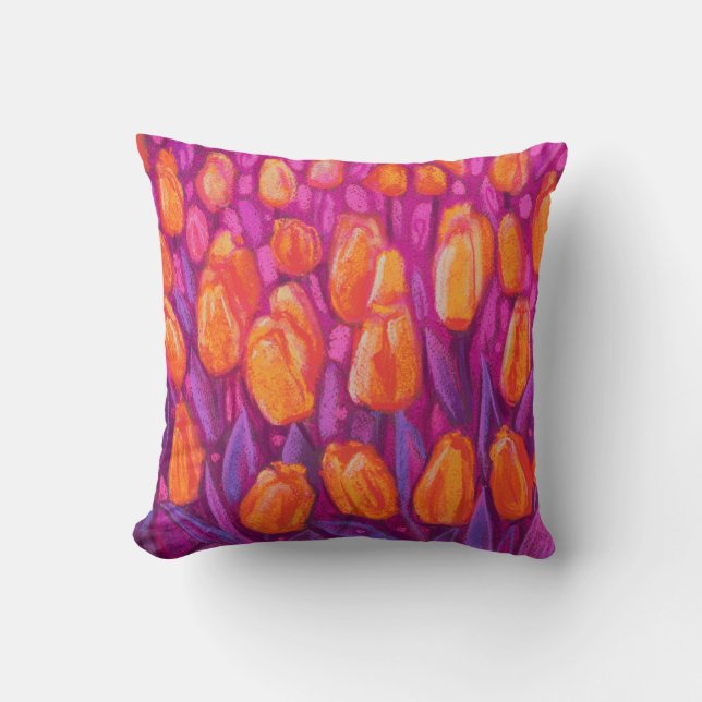 Tulips Field, Spring Flowers Floral Orange Purple Cushion (Front)