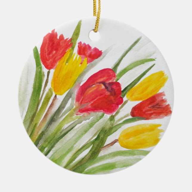 Tulips floral red yellow watercolor nature pretty ceramic tree decoration (Front)