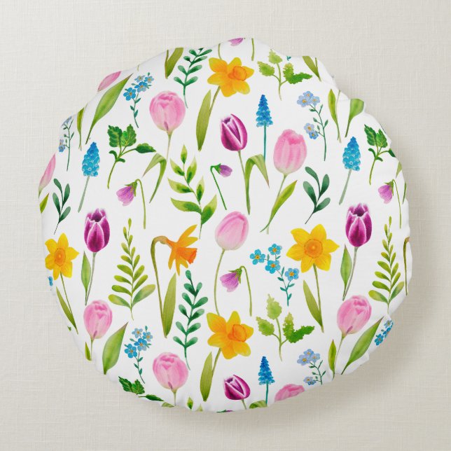 Tulips Flower Seamless Pattern Round Cushion (Back)
