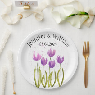 Tulips Flowers watercolor Spring Rustic  Wedding Paper Plate