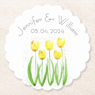 Tulips flowers watercolor Yellow Rustic Wedding Paper Coaster