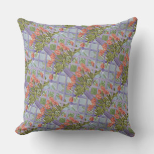 TULIPS FRONTING A PURPLE LATTICE OUTDOOR PILLOW