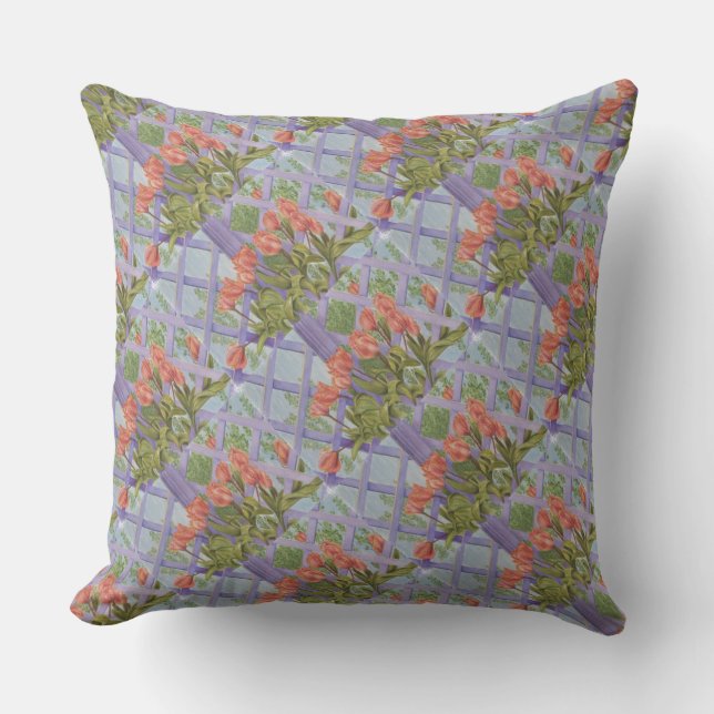 TULIPS FRONTING A PURPLE LATTICE OUTDOOR PILLOW (Front)