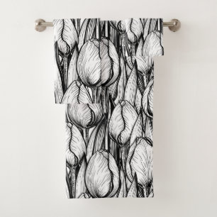 Tulips in black and white bath towel set