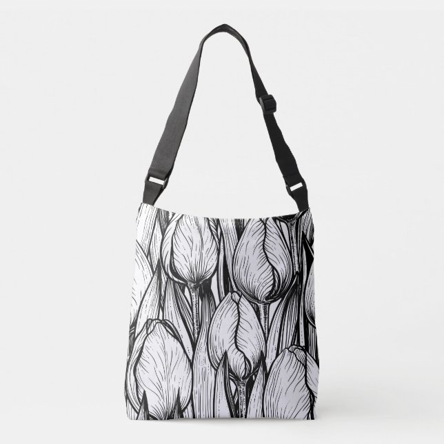 Tulips in black and white crossbody bag (Front)