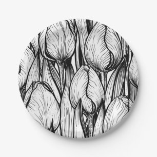 Tulips in black and white paper plate