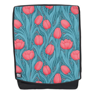 Tulips in blue and red backpack