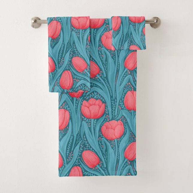 Tulips in blue and red bath towel set (Insitu)