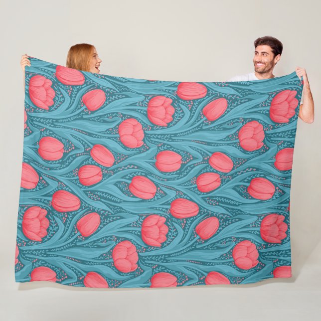 Tulips in blue and red fleece blanket (In Situ)