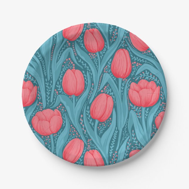 Tulips in blue and red paper plate (Front)