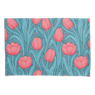 Tulips in blue and red pillowcase