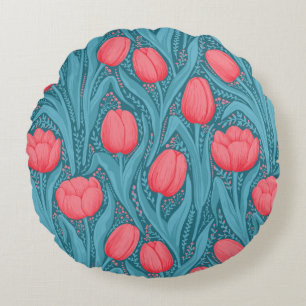 Tulips in blue and red round cushion