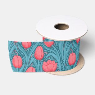 Tulips in blue and red satin ribbon