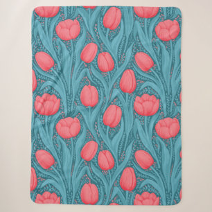 Tulips in blue and red sherpa blanket