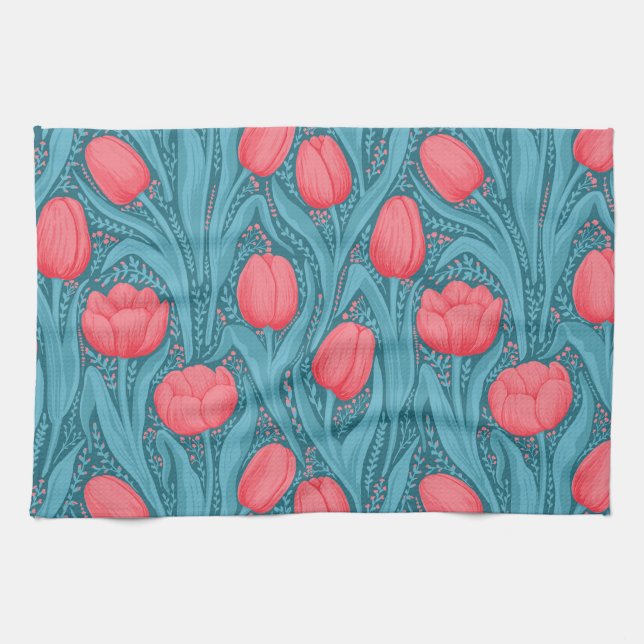 Tulips in blue and red tea towel (Horizontal)