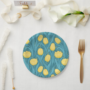 Tulips in blue and yellow paper plate