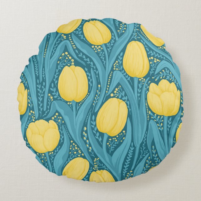 Tulips in blue and yellow round cushion (Front)