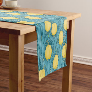 Tulips in blue and yellow short table runner