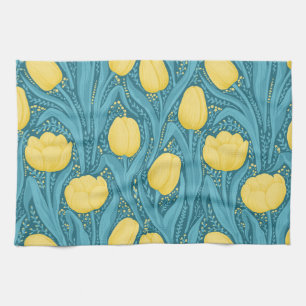 Tulips in blue and yellow tea towel