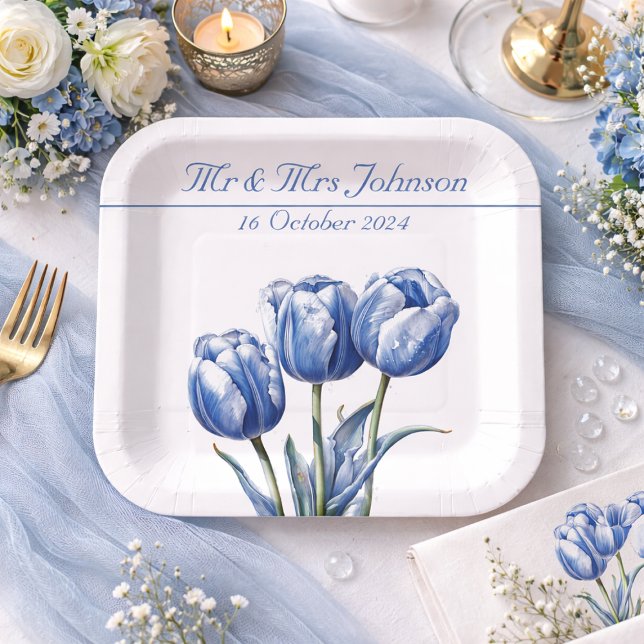 Tulips in Delft Blue customisable Paper Plate (Creator Uploaded)