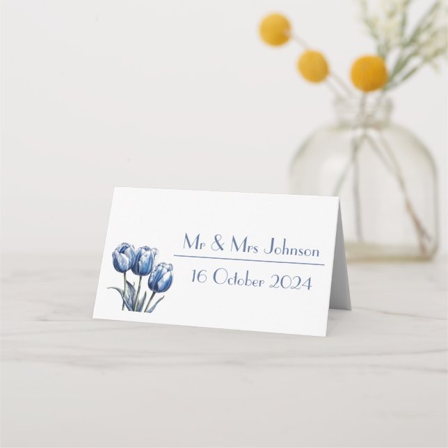 Tulips in Delft Blue customisable Place Card (Front)