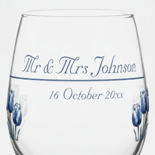 Tulips in Delft Blue customisable Stemless Wine Glass