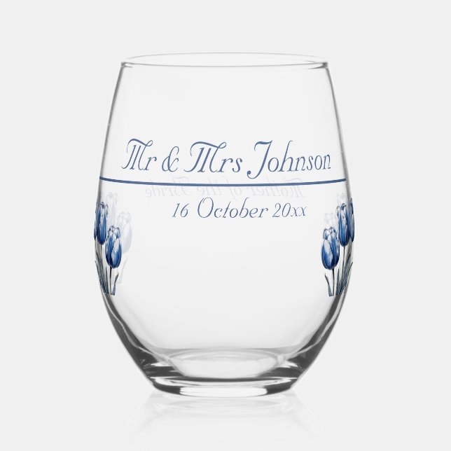 Tulips in Delft Blue customisable Stemless Wine Glass (Back)