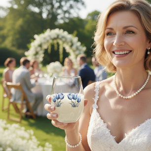 Tulips in Delft Blue customizable Stemless Wine Glass