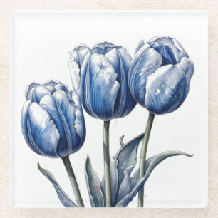 Tulips in Delft Blue Glass Coaster