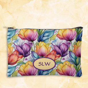 Tulips in Pink Purple Gold Vintage Alcohol Ink Accessory Pouch