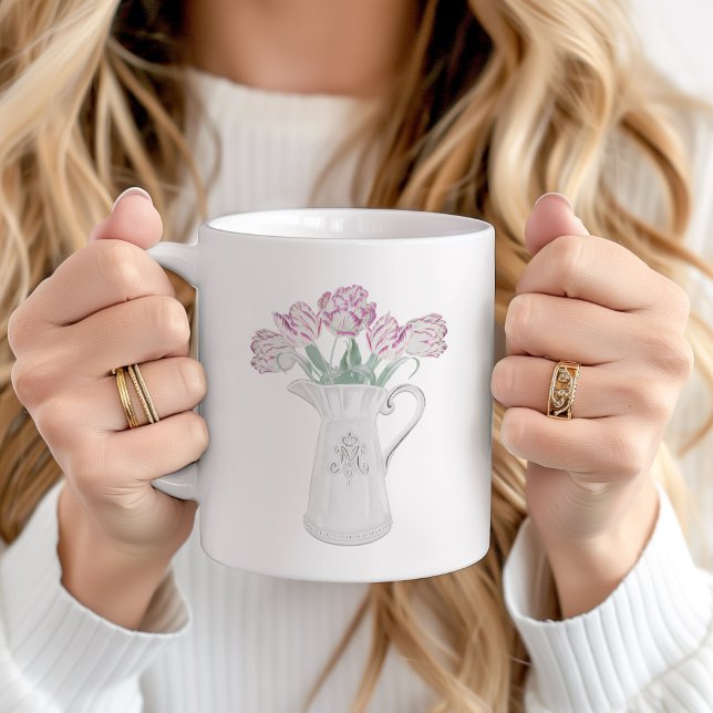 Tulips in Pitcher Ceramic Coffee Mug (Pink Tulips in pitcher personalized mug)