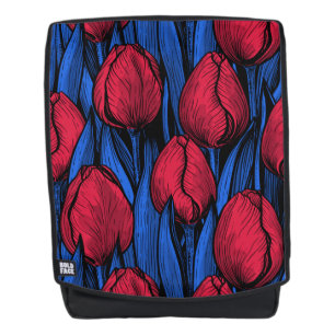 Tulips in red and blue backpack