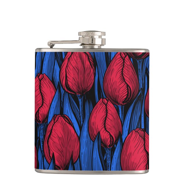 Tulips in red and blue hip flask (Front)
