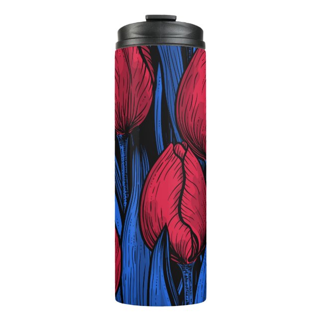 Tulips in red and blue thermal tumbler (Front)