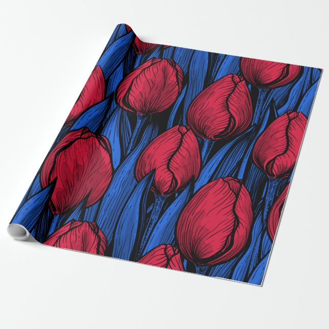 Tulips in red and blue wrapping paper (Unrolled)