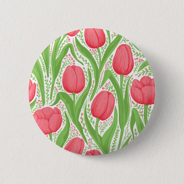 Tulips in red and green 6 cm round badge (Front)