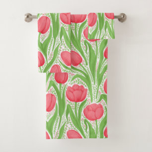 Tulips in red and green bath towel set